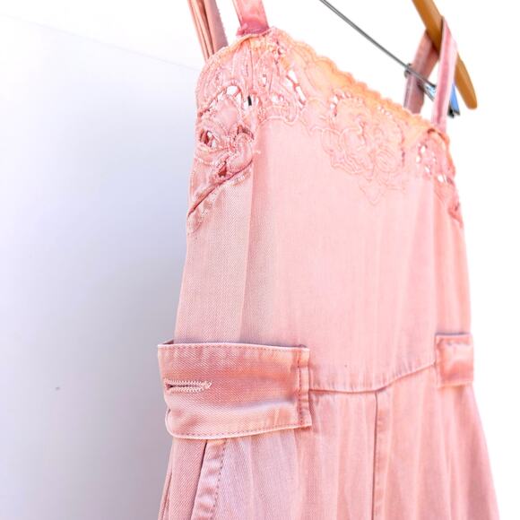Free People Leighton Wide Leg Jumpsuit Pink Cotton Lace Overalls Denim Small - Picture 11 of 14